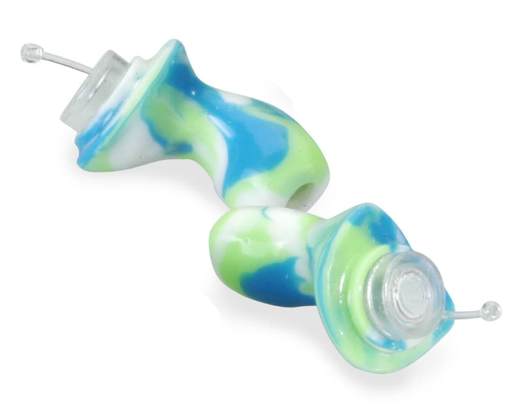 Custom-molded blue and green musician earplugs with clear acoustic filters on a white background