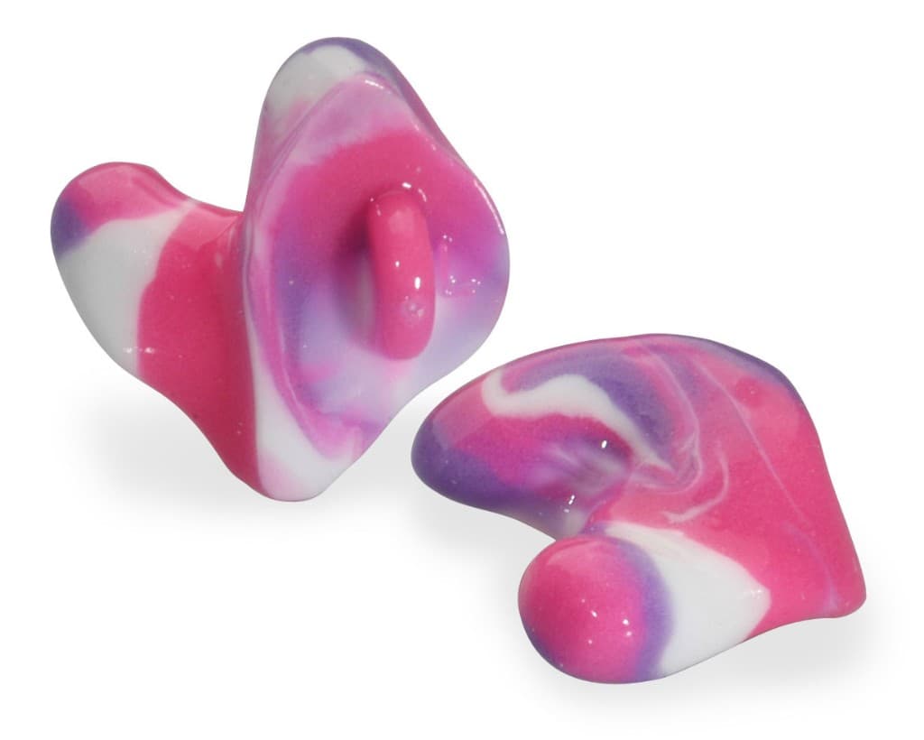 Pair of custom-molded red and blue swim earplugs with attached cords on a white background